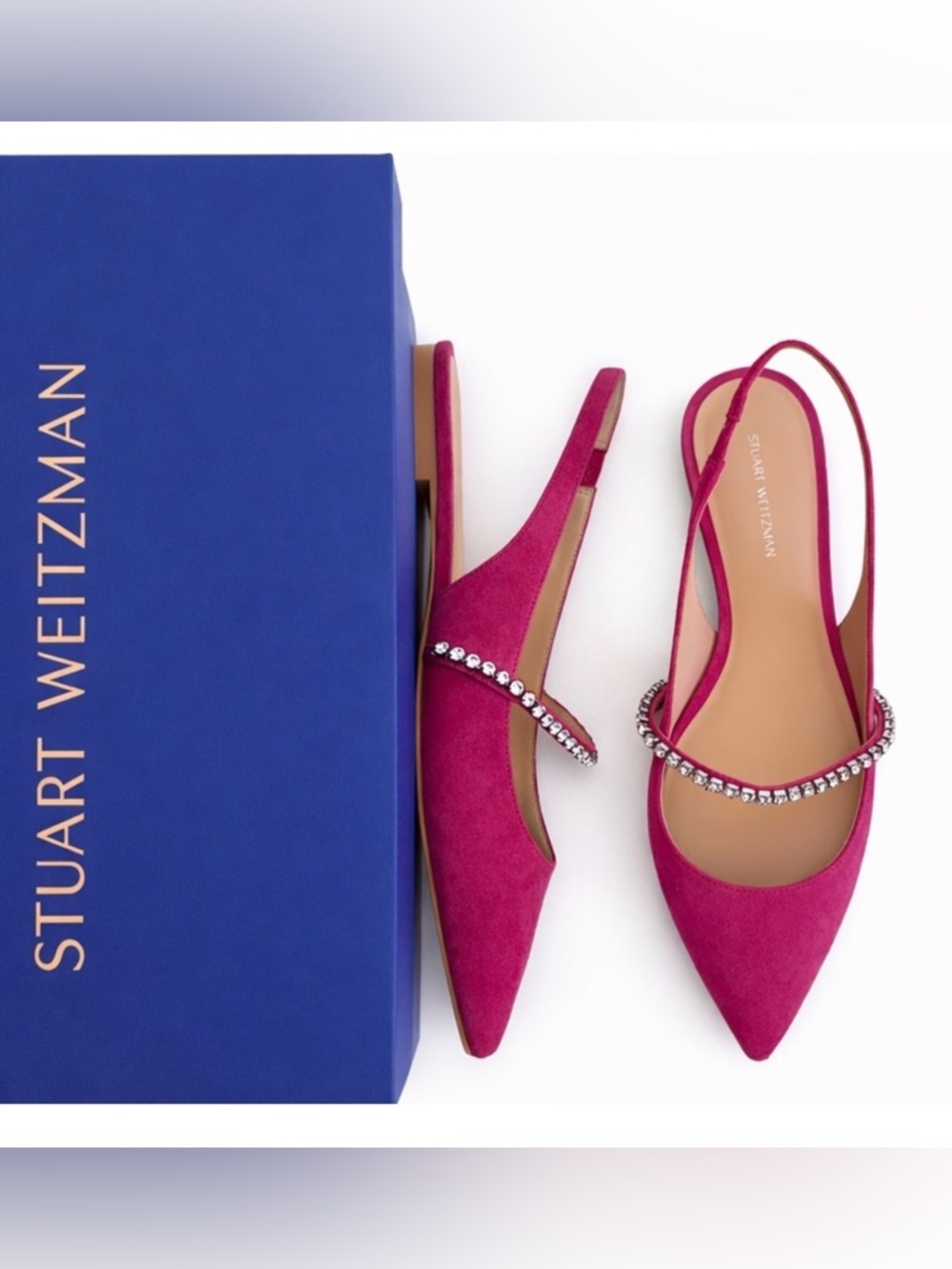 Stuart Weitzman • “Crystalline” Slingback Suede Flats with Rhinestone Strap